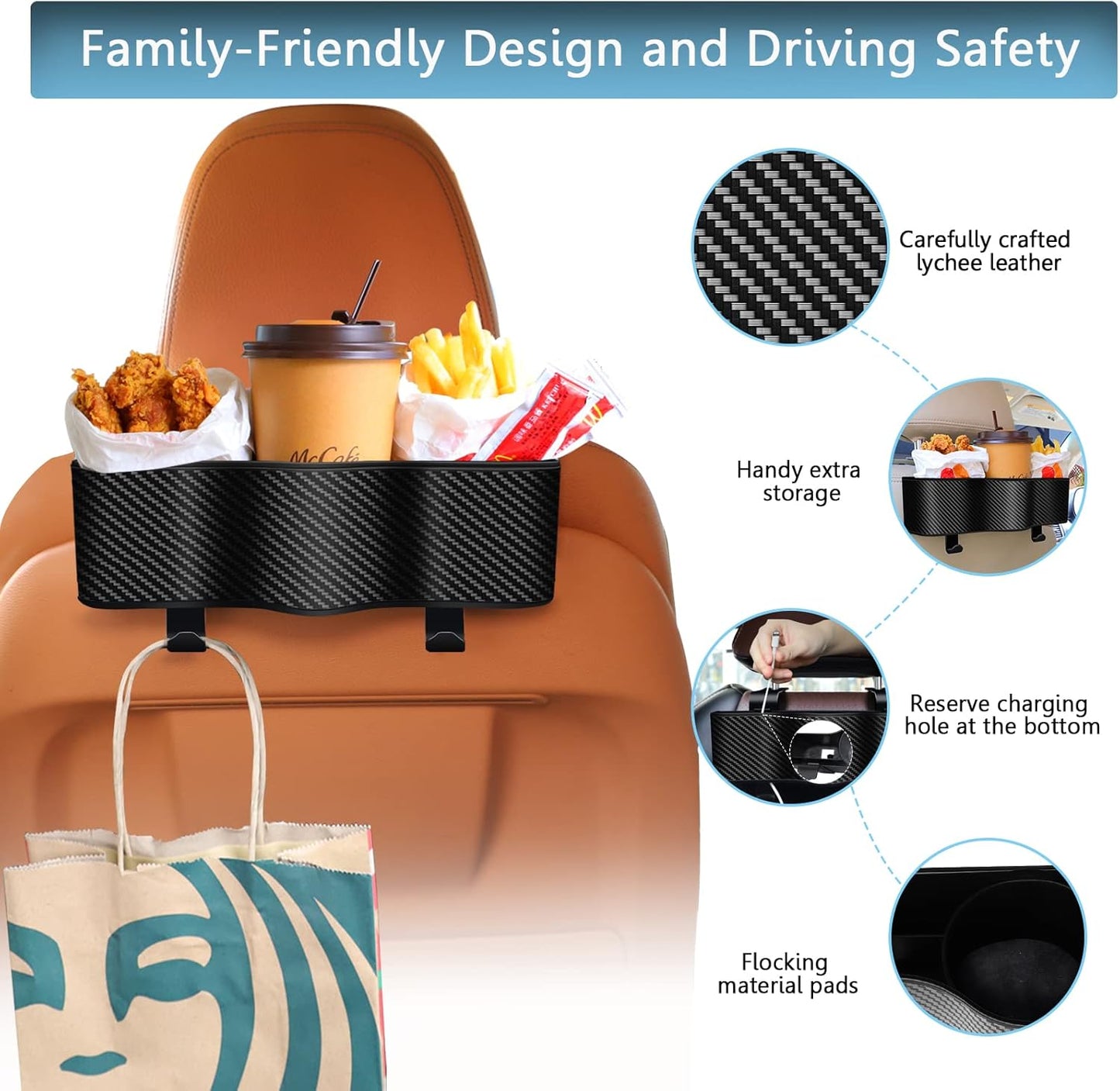 Backseat Car Organizer with Cup Holder - Multifunctional Back Seat Car Organizer with Two Seat Hooks, Fits Most Cars, Can Hold Snacks, Canned Drinks & Phones, Perfect for Travel