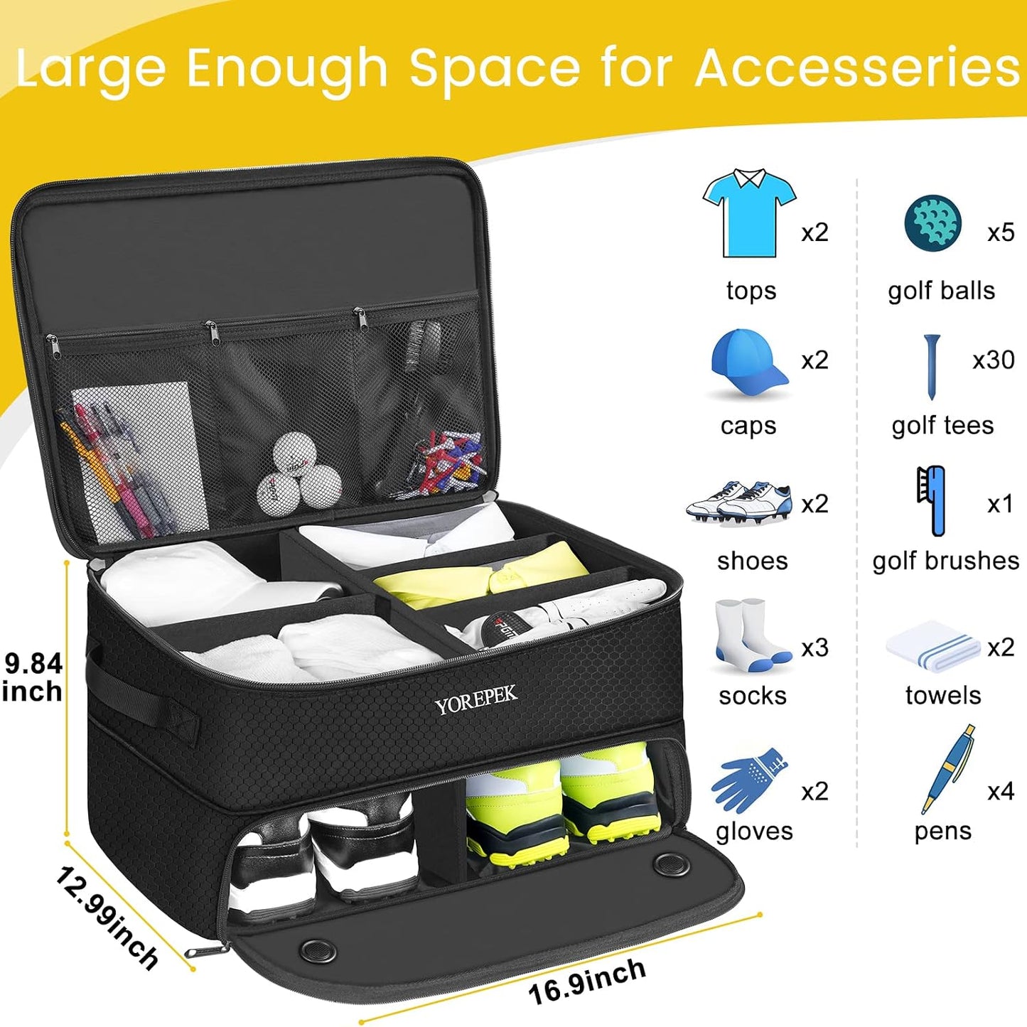 YOREPEK 2 Layer Golf Trunk Organizer, Golf Gifts for Men with Separate Ventilated Compartment for 2 Pair Shoes, Waterproof Car Trunk Locker for Balls, Tees, Clothes, Gloves, Gifts for Golfers
