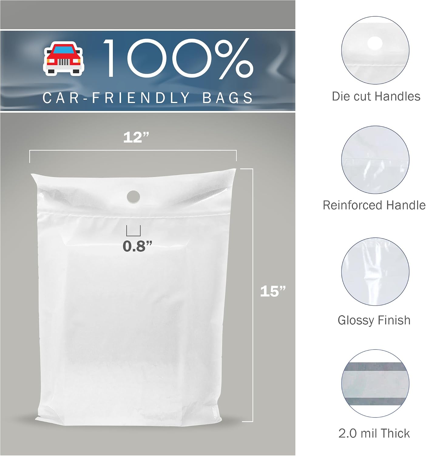 12x15 White Disposable Car Trash Bags, Leak-proof, Medium Size, 50 Pack, 2 Mil Thick, with Die-Cut Handles by PPB