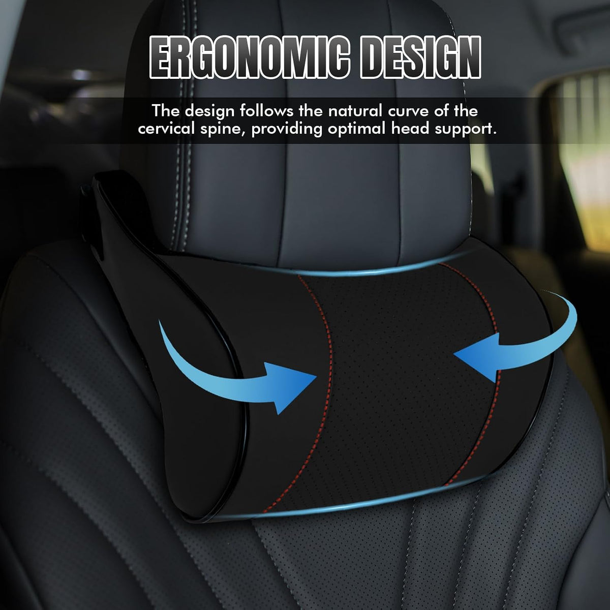 Car Neck Pillow with Memory Foam, Soft Comfortable Headrest Pillow for Driving, Ergonomic Design, Auto Seat Neck Support Pillows Head Rest Cushion with Breathable Leather Cover (Black)
