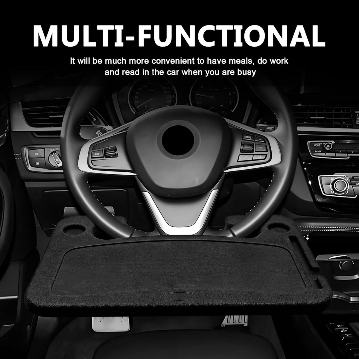 Multipurpose 2 in 1 Car Steering Wheel Desk Tray Laptop Mount and Food Table for Eating with Drink and Pen Holder Compatible with Most Vehicles (Black)