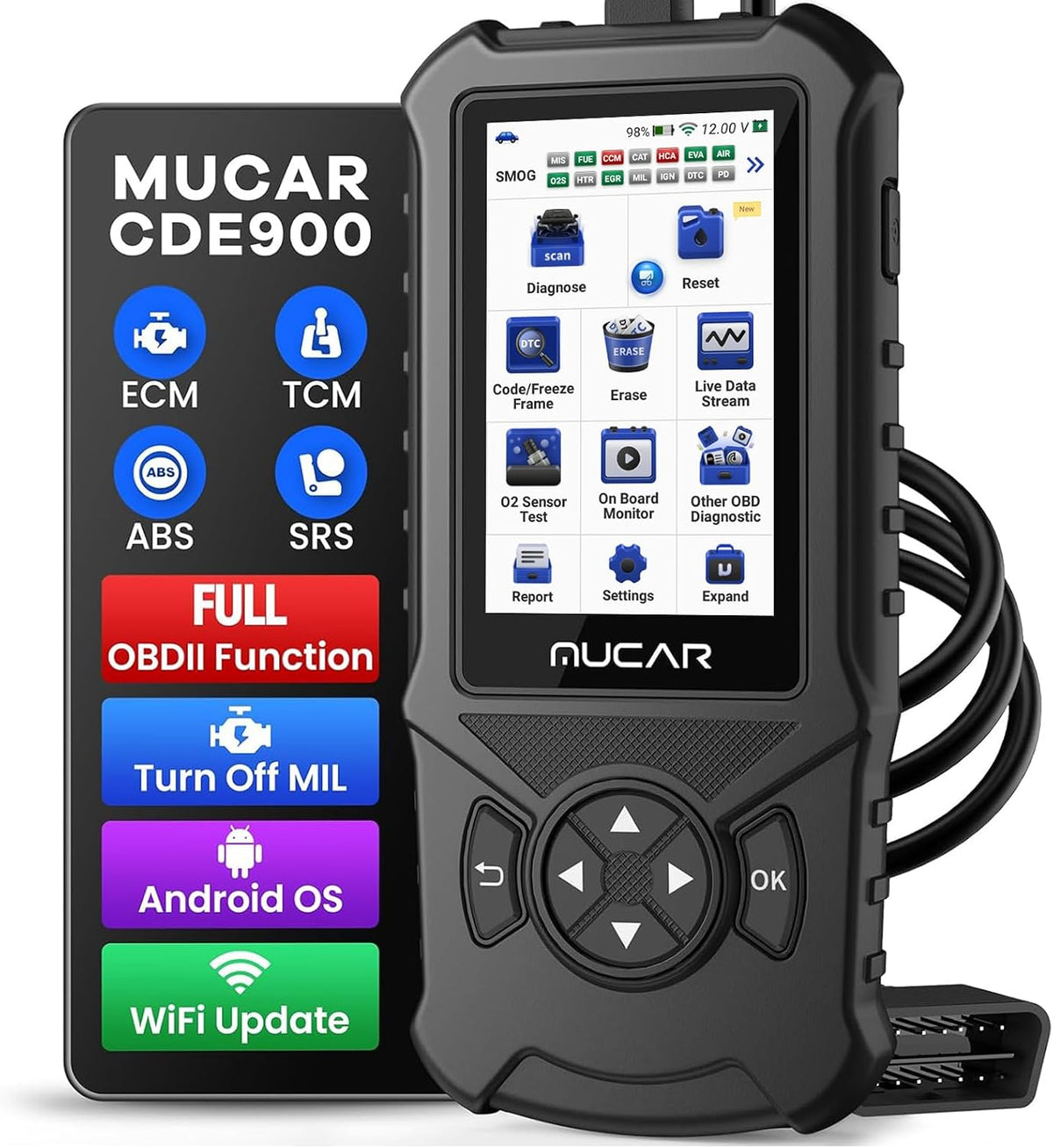 MUCAR CDE900 OBD2 Scanner, Full OBD2 Car Code Reader Diagnostic Scan Tool, 4" Touchscreen & Android 6.0, AutoVIN, Emission Test, Live Data, DTC Lookup, One-Click Update & Print, 2GB RAM Runs Fast