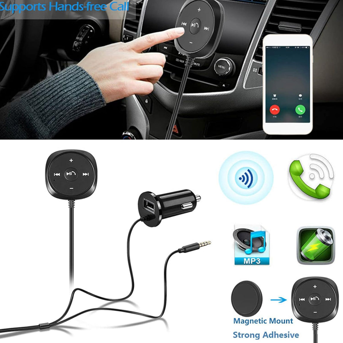Sanpyl Car Bluetooth 5.0 Adapter, Handsfree Calling & Audio Receiver, 5V 2.1A USB Charging Port, 3.5mm AUX Input for Cars