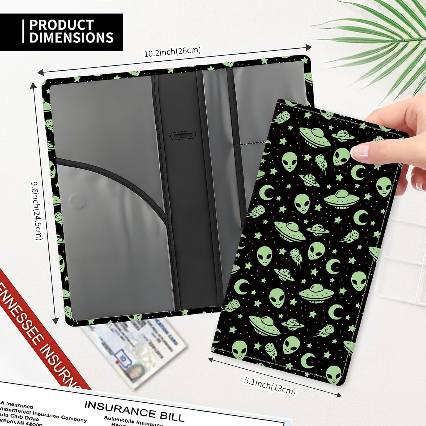 Leather Car Registration and Insurance Card Holder, Cute Car Accessories Vehicle Glove Box Car Organizer for Documents, Cards, License Cute Green Aliens