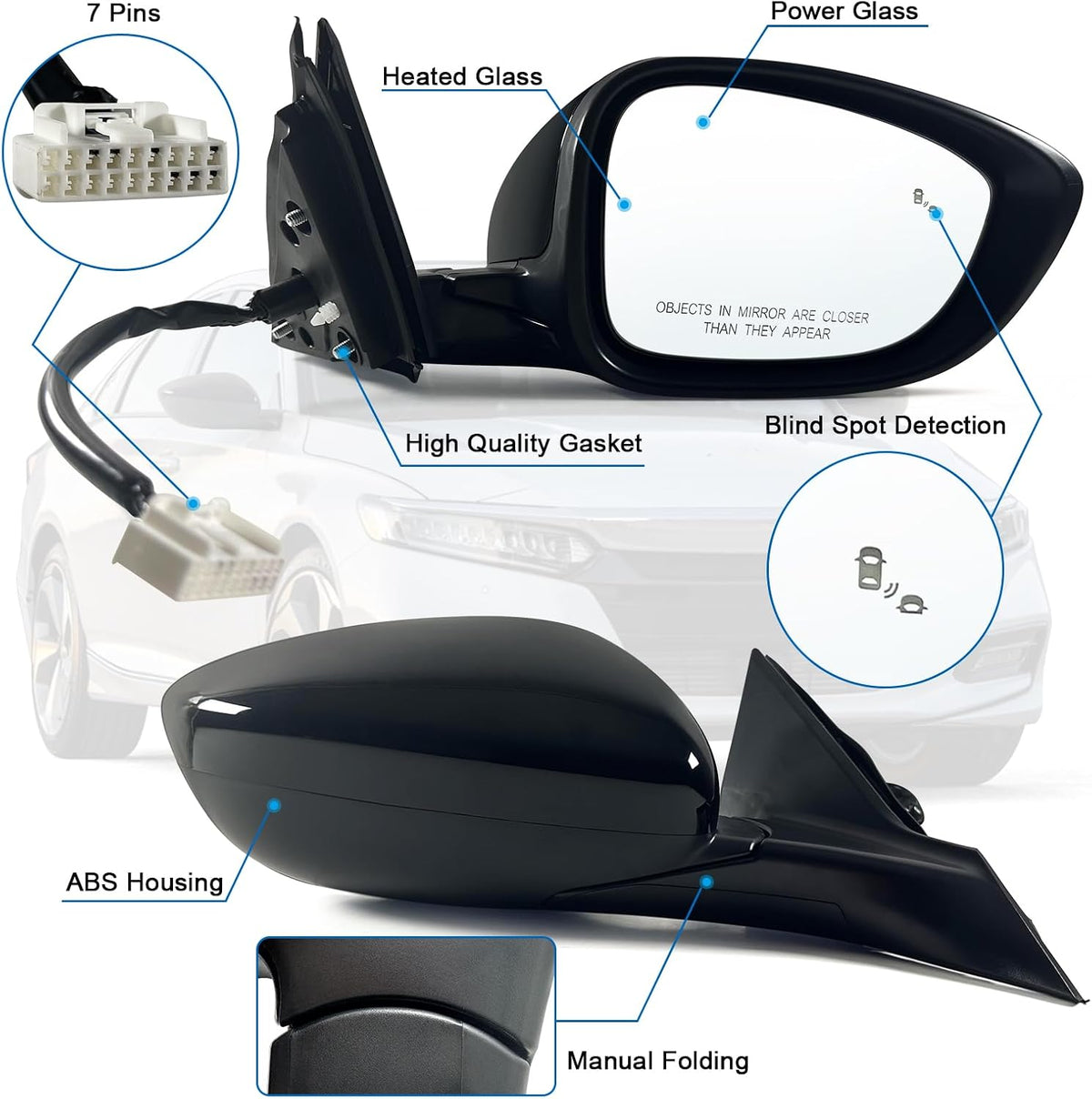 Right Passenger side Mirror Fits 2018-2022 Honda Accord LX, Sport With Power Glass, Heated, Blind Spot Detection and Manual Folding Match to Crystal Black Pearl Replace HO1321329 (7Pins)