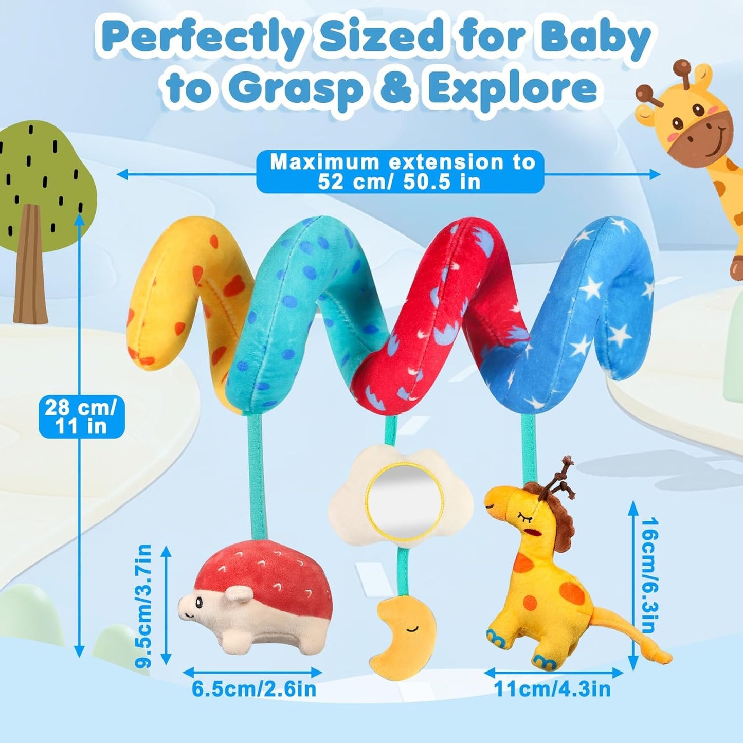 URMYWO Spiral Car Seat Toys for Babies 0-6 Months, Newborn Toys & Infant Toys, 3 Month Baby Toys, Toddler Travel Toys, Sensory Hanging Stroller Toy with Crinkle Mirror, Shower Gifts Essentials