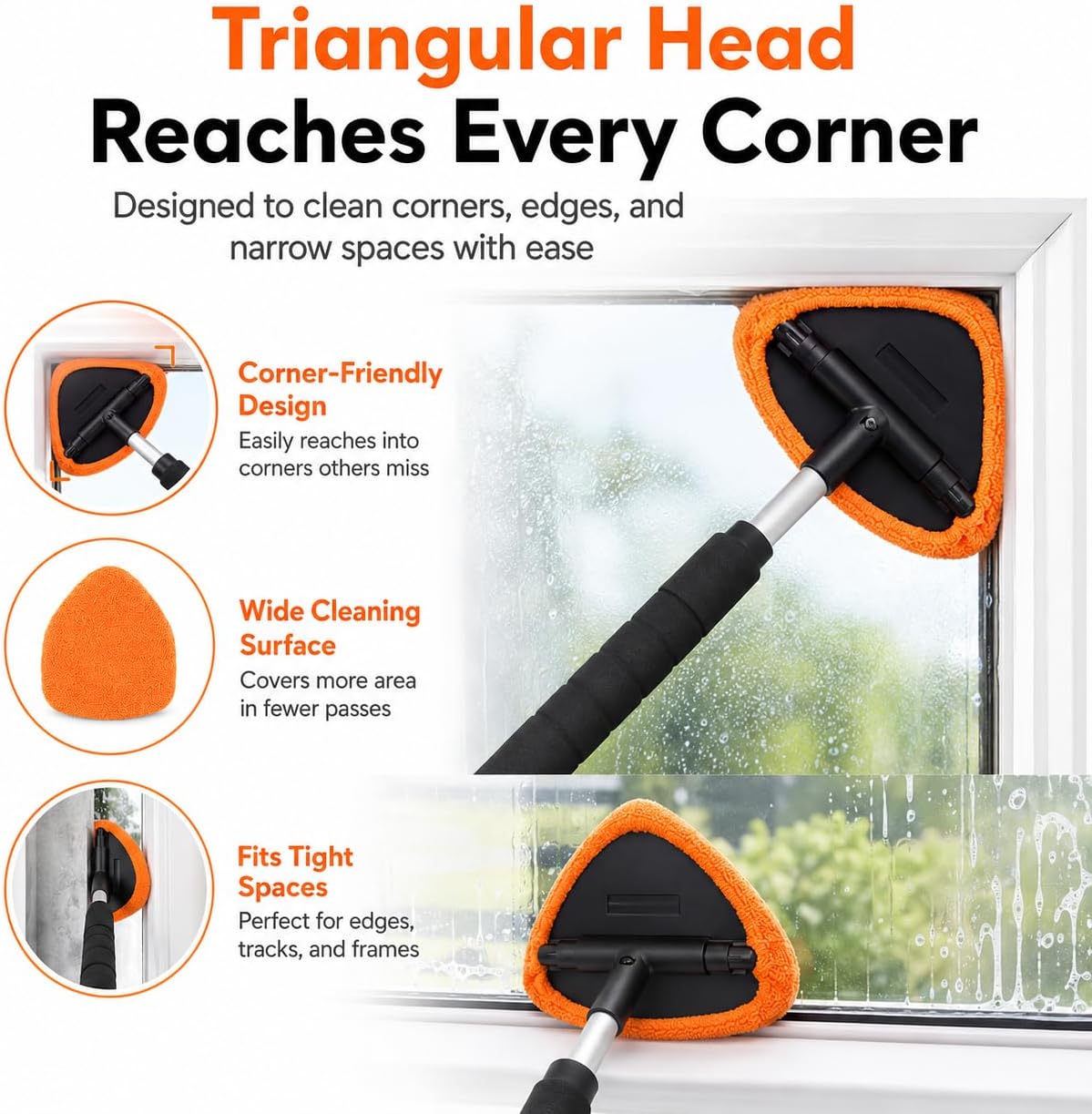 Tanwater Car Window Cleaner with Extendable Handle, Microfiber Windshield Cleaning Tool with 5 Reusable Pads and Spray Bottle for Interior Glass, Mirrors and Windows, Orange