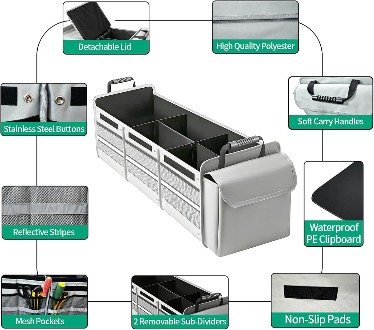 Car Trunk Organizer with Removable Cooler Bag - Collapsible Multi-Compartment Storage for SUV Truck Groceries Camping, Durable Nylon Auto Cargo Organizer (Gray)