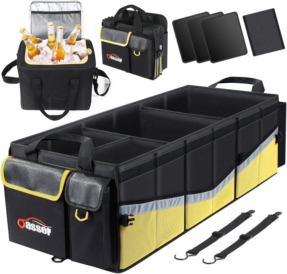 Oasser Trunk Organizer with Cooler Bag 95L, Bearing 110lb No Deformation, Collapsible with Multi Compartments, 20L Removable Insulated Bag, Foldable Lid, Non Slip Bottom, 2 Straps (Black&Yellow)
