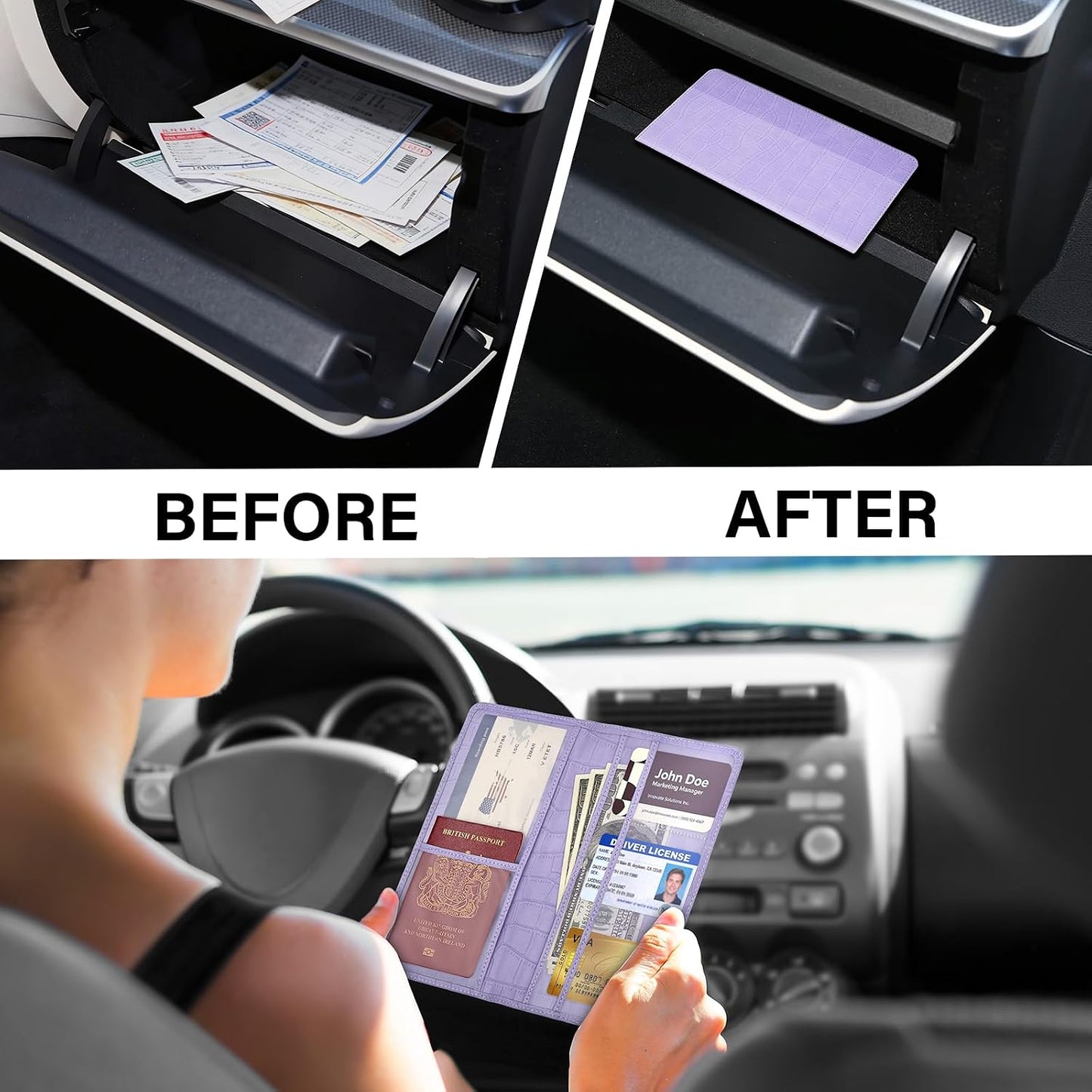 Car Registration and Insurance Holder, Purple Vehicle Glove Box Car Organizer with Magnetic Closure for Documents, Cards, License Car Organization, 1 Pack