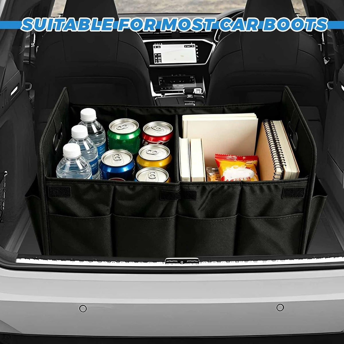 Trunk Organizer, Multi-Compartment Auto Storage Organizer with Reinforced Handles, Foldable Waterproof Oxford Trunk Cargo Storage Box for Most Vehicles, Car Accessory (Black)