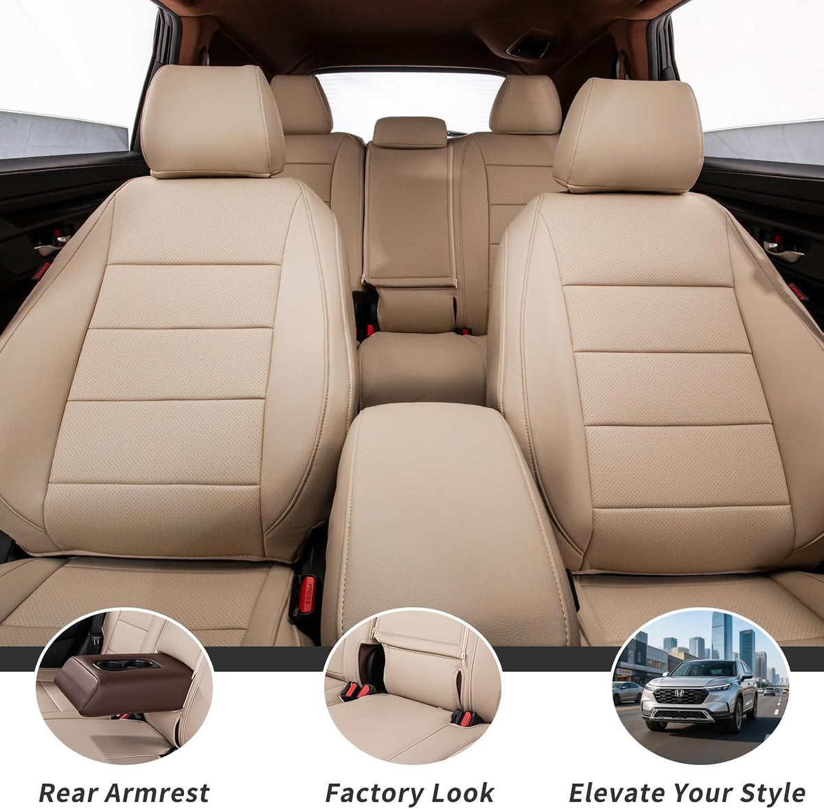 coverdream Custom Seat Covers for 2015-2016 Honda CR-V,Premium Faux Leather Car Seat Cover Set,Full Set Waterproof SUV Seat Protector,Armrest Covers Included (Beige)