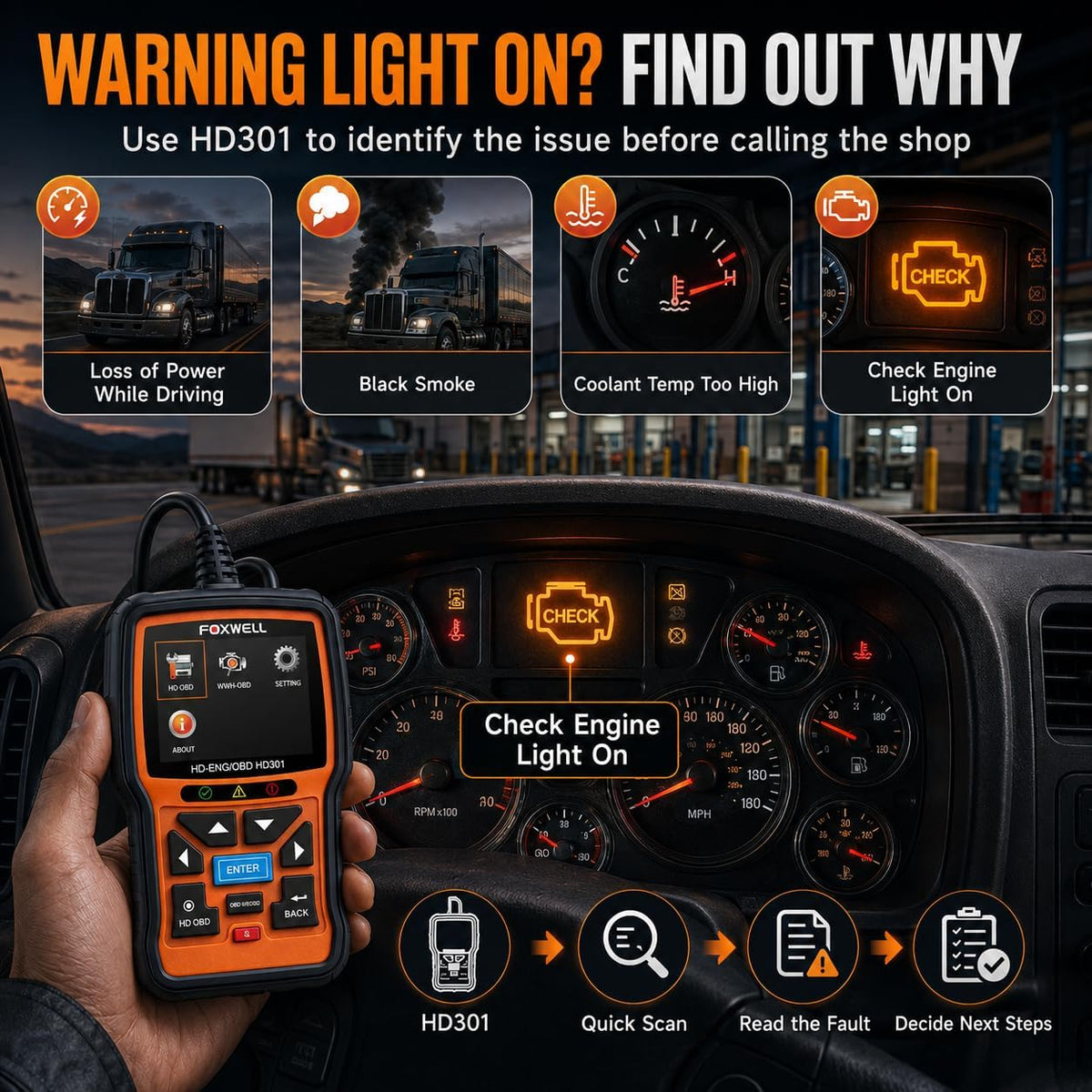 FOXWELL HD301 Heavy Duty Truck Scanner, Full System Diesel Scan Tool with 6/9/16 Pin, 2 in 1 Code Reader for Trucks & Car Engine, Diesel Diagnostic Tool for Cummins, Paccar, Caterpillar