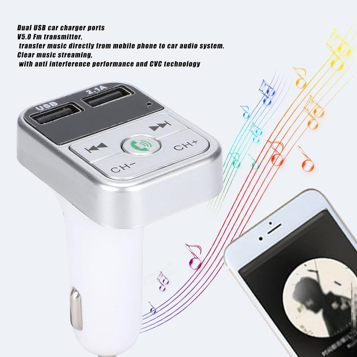 Diyeeni Dual USB Car Charger, Wireless BT FM Transmitter with Hands Free Calling, Clear Music Streaming for iOS