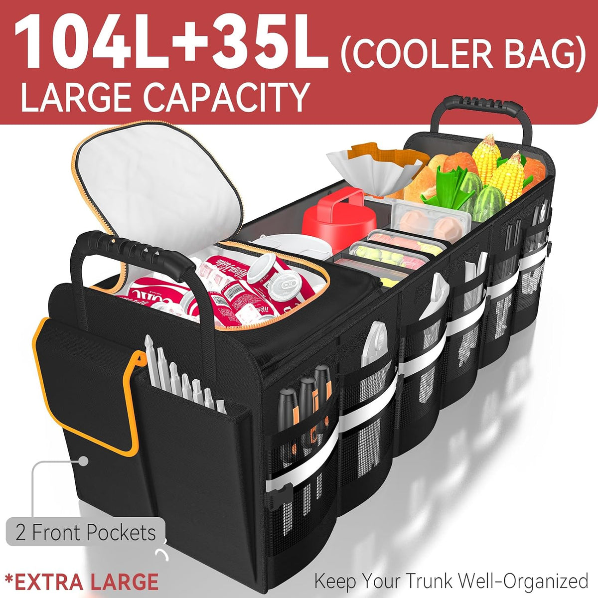 XL Heavy-Duty Trunk Organizer for Car, 6 Adjustable Compartments & Cooler | Car Trunk Organizer With Lid & Removable Leakproof Cooler Bag, Reinforced Panels, Non-Slip Base, Tie-Down Straps For Sedan