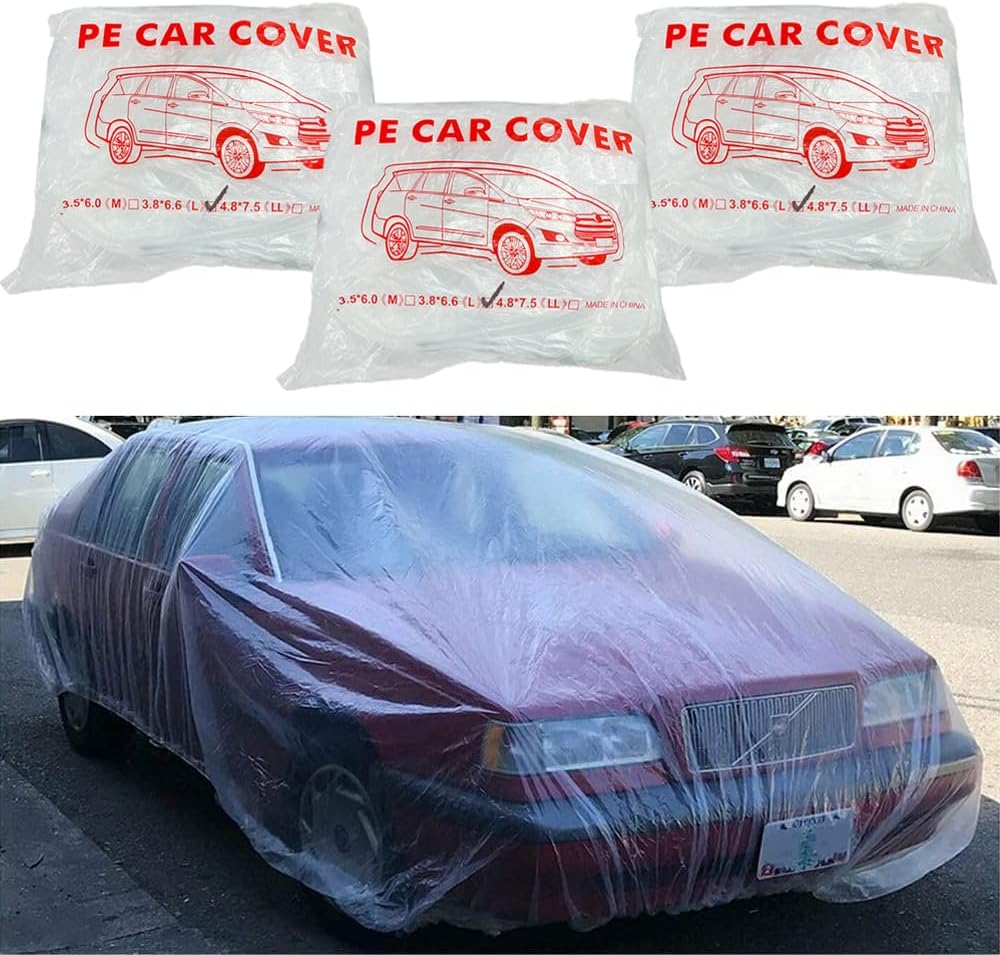 LuliKa 3 Packs Disposable Car Cover Clear Plastic Car Cover Universal Rain Dust Garage Cover with Elastic Band Medium (12.4 FT x 21.6 FT)…