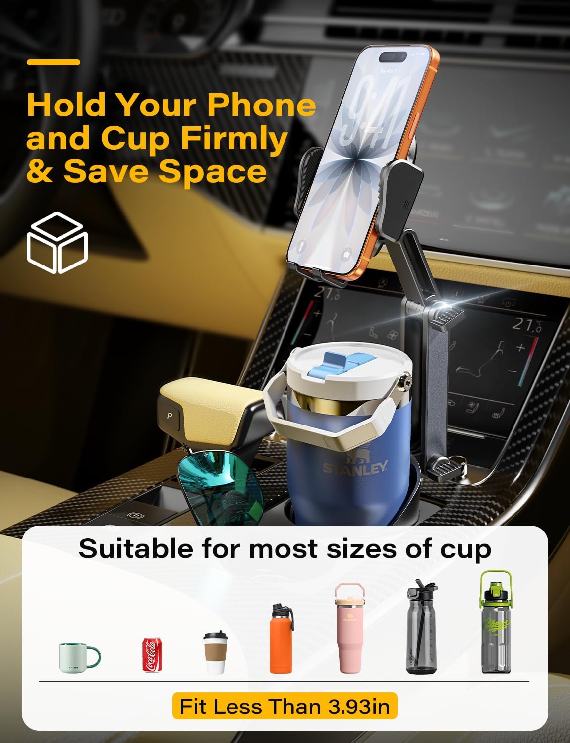 TAZENI 2-in-1 Cup Holder Phone Holder Mount for Car, Stable & Adjustable