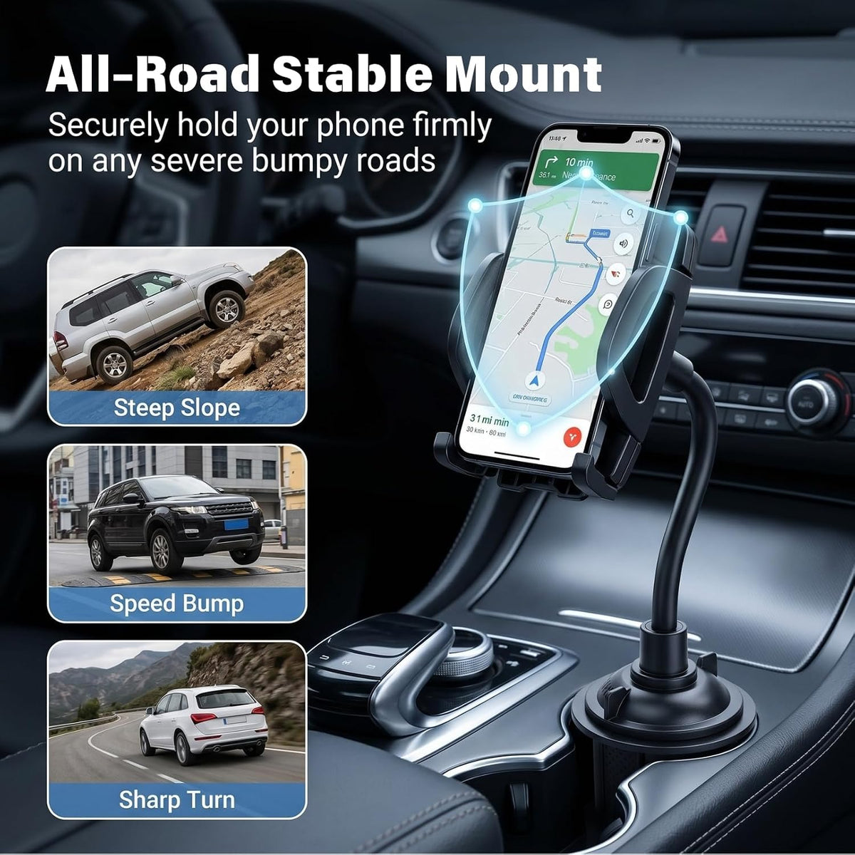 Cup Holder Phone Holder for Car, Adjustable Gooseneck Mount for 4-7" Phones