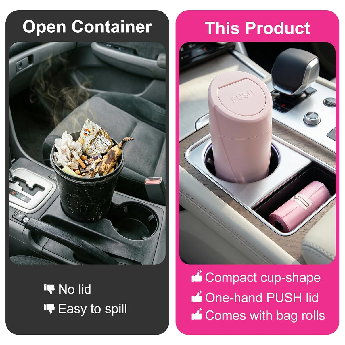 Car Trash Can, 2 Pack Leakproof Mini Garbage Bin with Lid, 40 Bags