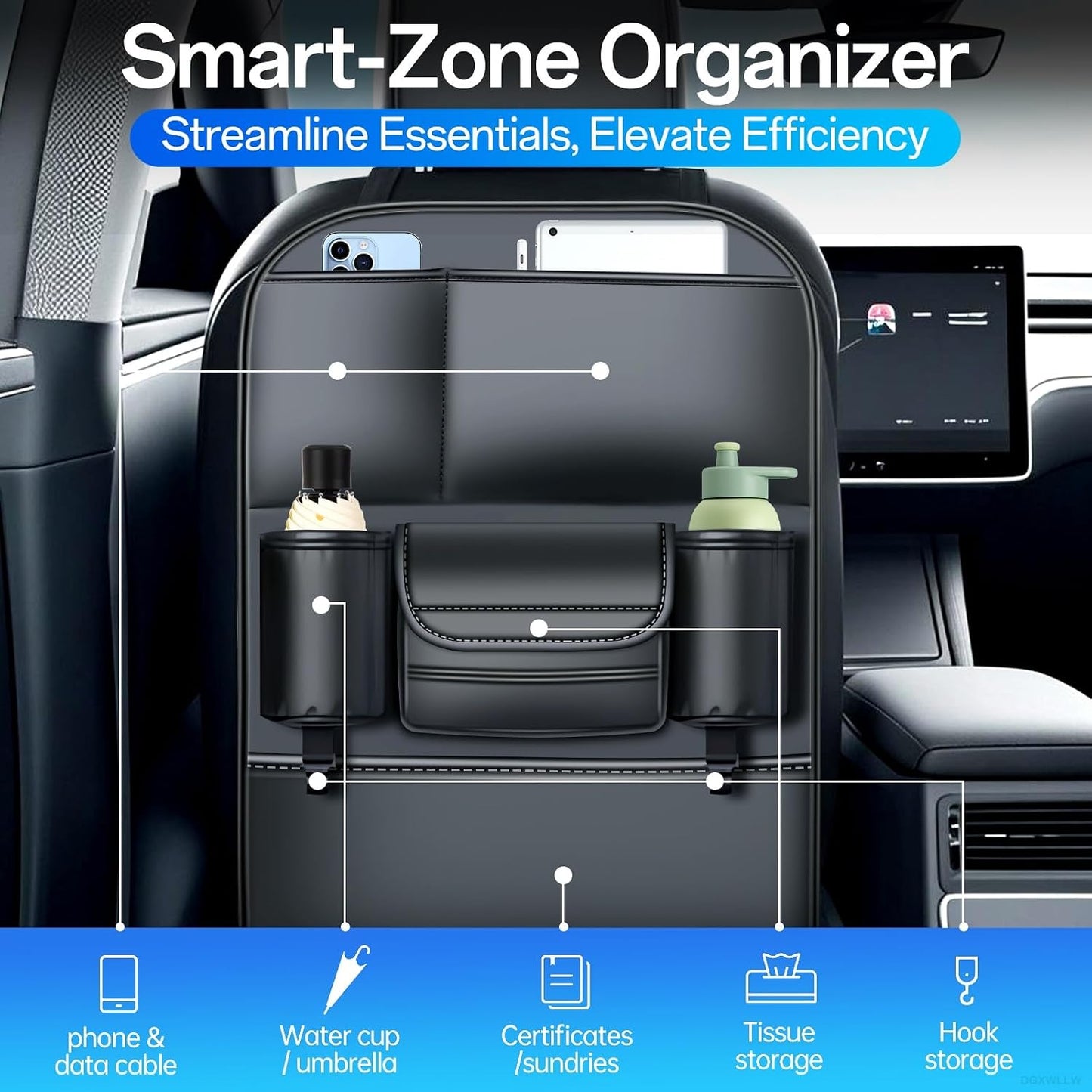 Backseat Car Organizer Leather Back of Seat Car Organizers for Kids Drivers Waterproof Kick Mats Seat Back Protector with Large Capacity 6 Storage Pockets