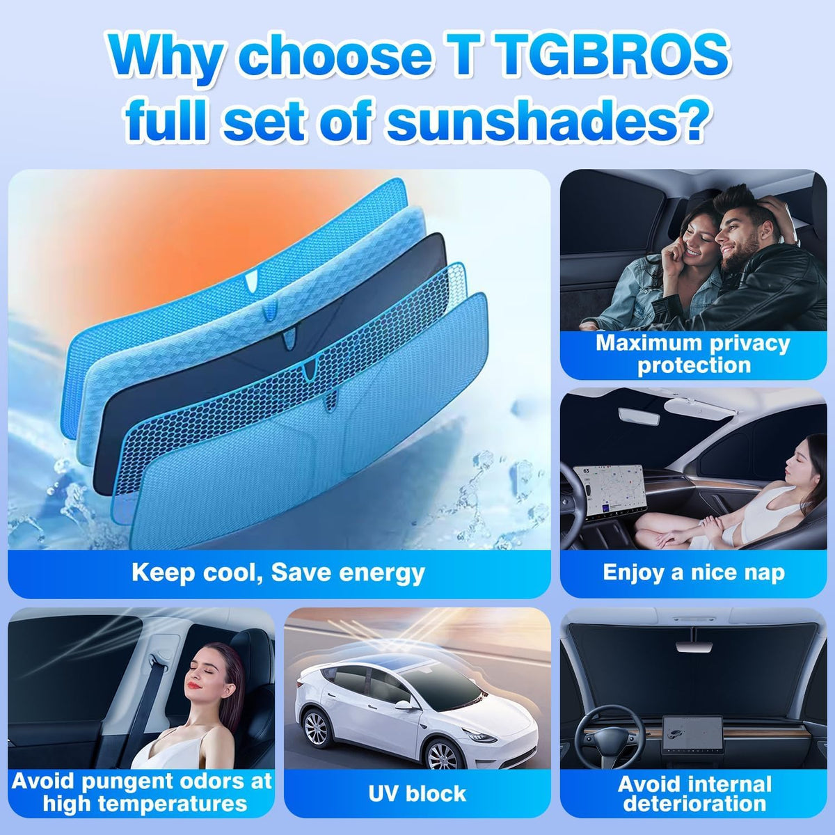T TGBROS Window Shades for Tesla Model Y Juniper 2025 2026 Windshield Side Rear Window Full Set Blackout Privacy Sunshades for Model Y Accessories Foldable Black Out Window Cover 8PCS