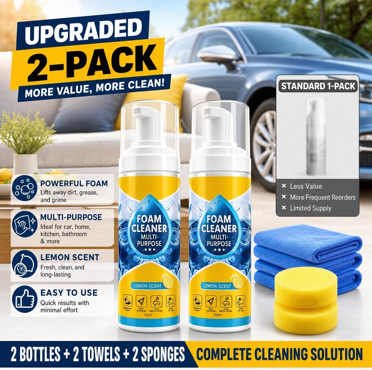 Car Interior Foam Cleaner Kit, No-Rinse Spray, 2 x 4 fl oz | 2 x 4 fl oz no-rinse car interior foam cleaner kit with 2 towels and 2 sponges for dashboard, seats, carpet and upholstery