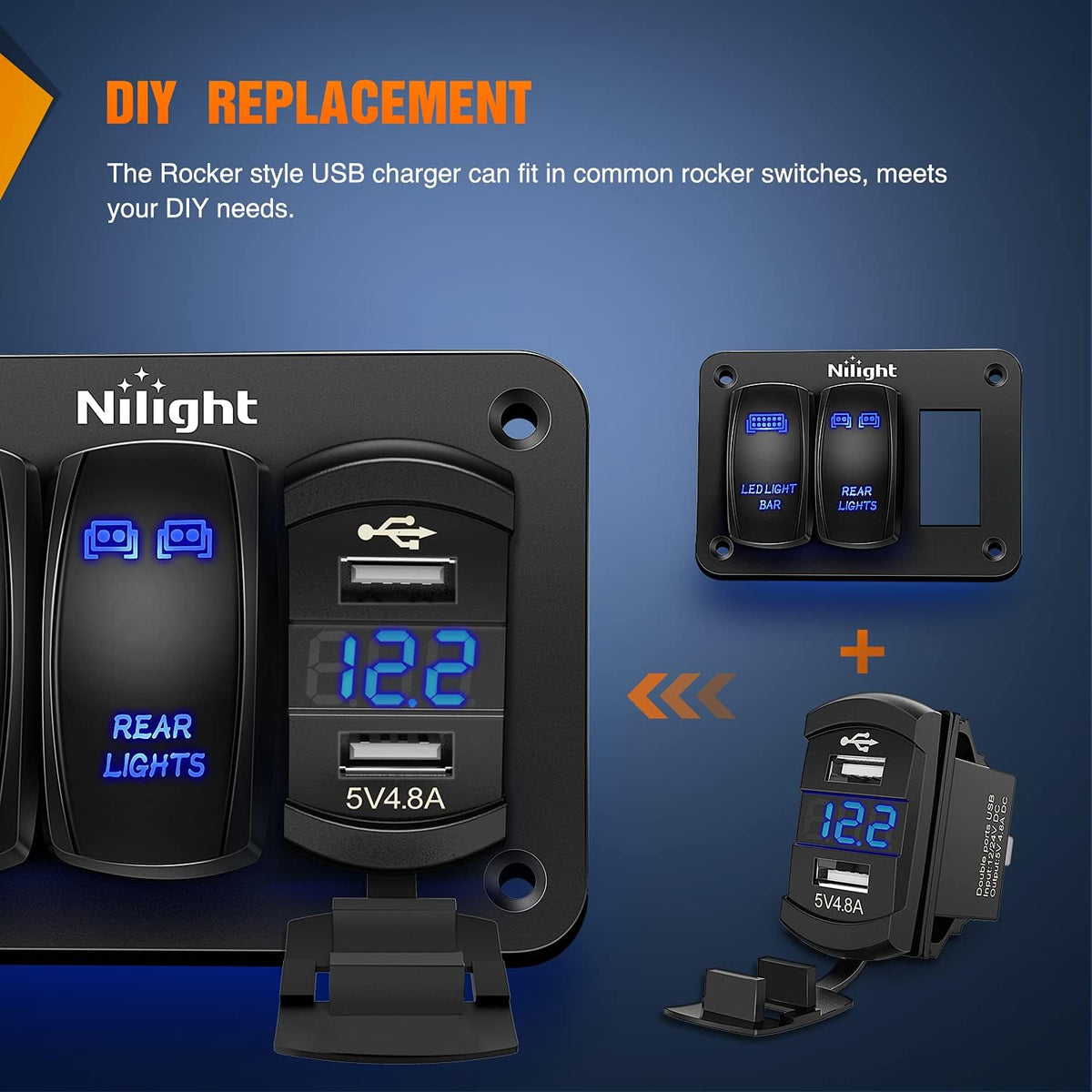 Nilight 12V Rocker Switch Style Dual USB Charger with LED Voltmeter