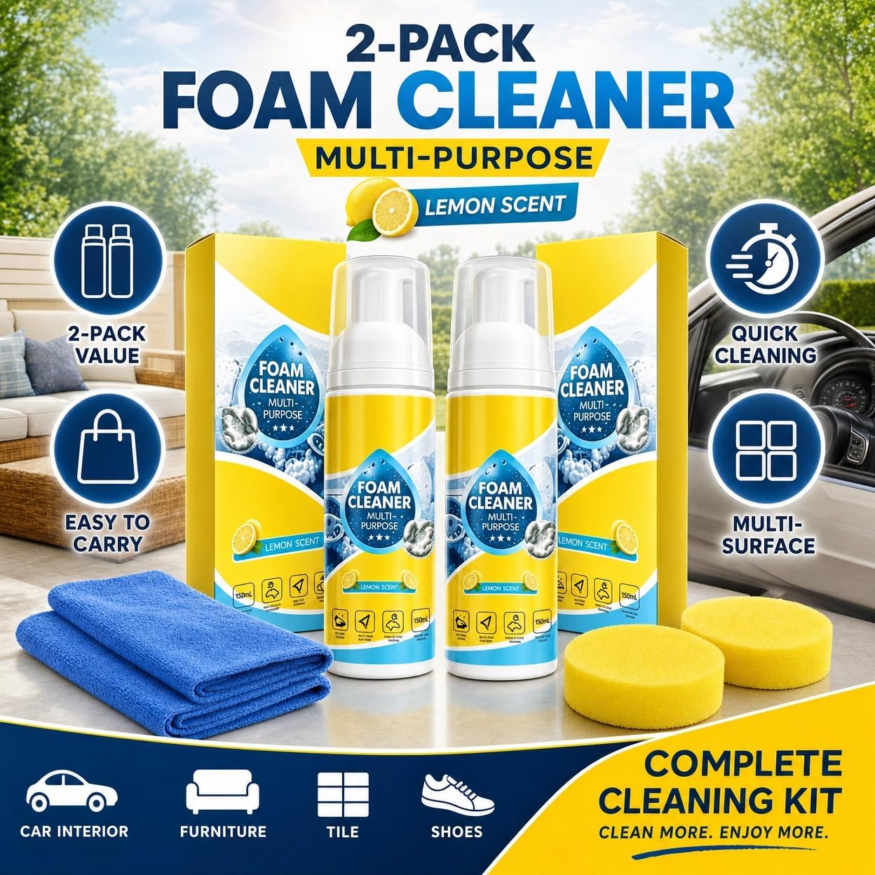 Car Interior Foam Cleaner Kit, No-Rinse Spray, 2 x 4 fl oz | 2 x 4 fl oz no-rinse car interior foam cleaner kit with 2 towels and 2 sponges for dashboard, seats, carpet and upholstery