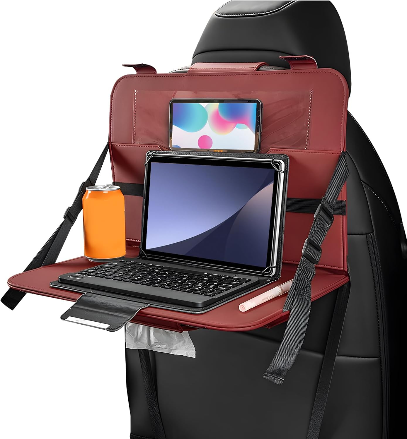 Car Steering Wheel Tray, Foldable Car Laptop Desk Eating Food Tray with Transparent Holder & Tissue Box, Adjustable Back Seat Headrest Table for in-Car Dining Working Studying (Beige)