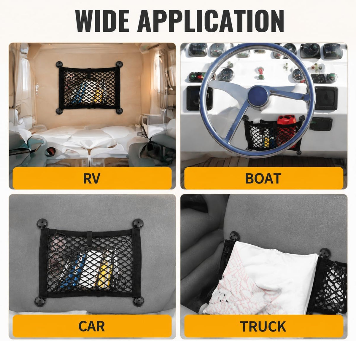 ZMD 2PCS Small Cargo Net Boat Storage Mesh Netting 21.6 x 9.8 Inches, Stretchable Pocket for Car Truck SUV Rv Boat, with Screws, Hooks, Elastic Automotive Storage Pouch, Stretchable Organizer Net