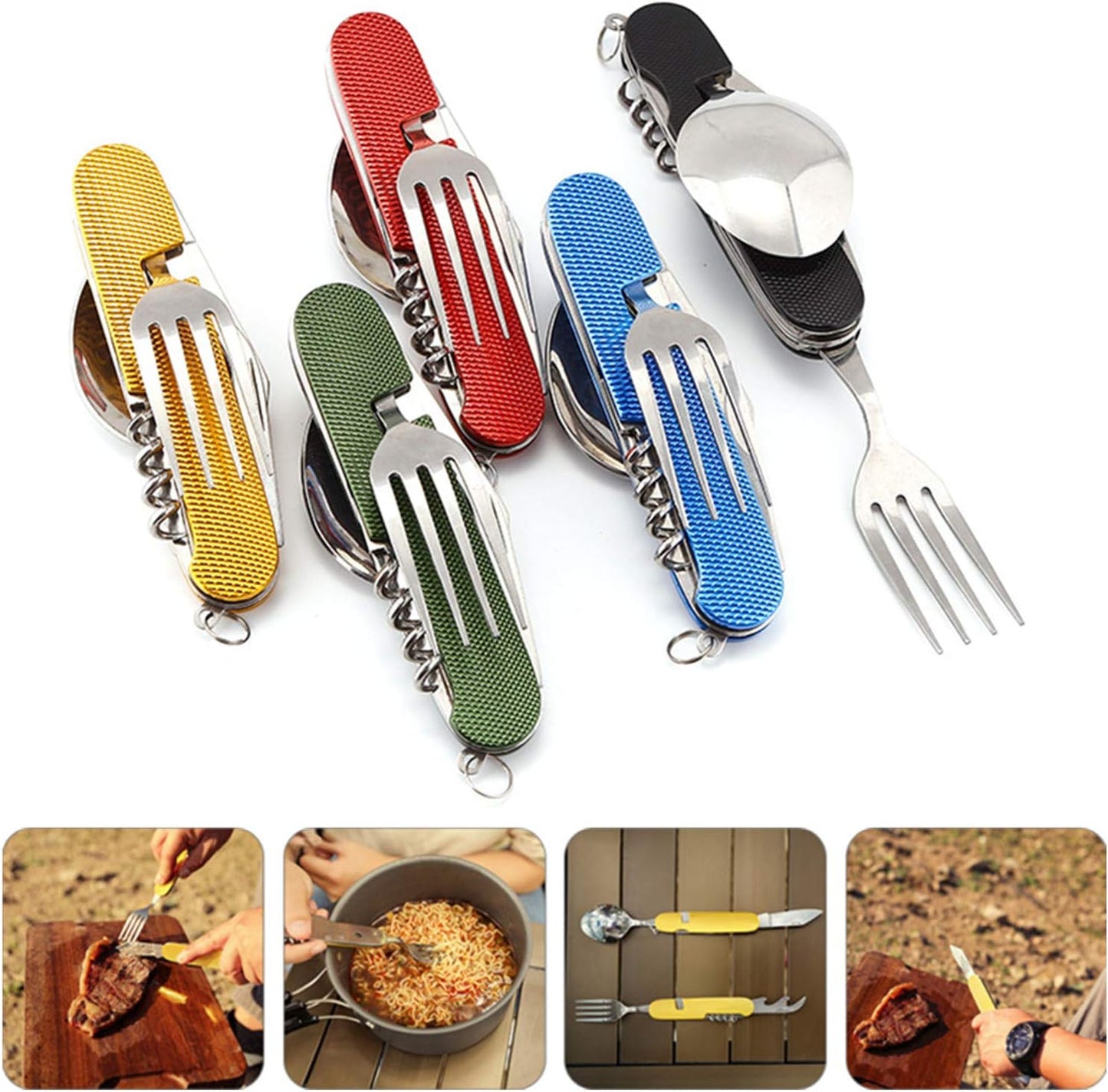 Cluck 6-in-1 Multi-Function Camping Utensil Flatware Set Detachable Spoon Fork Knife Combo Mess Kit with Carrying Pouch (Red + Black)