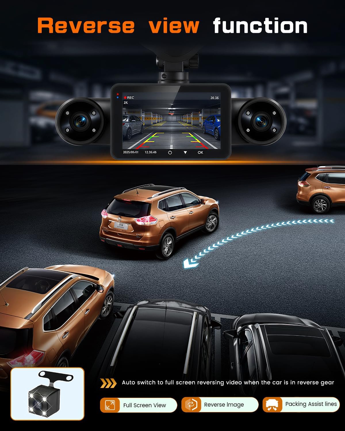 Inefala 3" Car Dash Cam Front and Rear 4 Channel 1080P Dash Camera for Cars