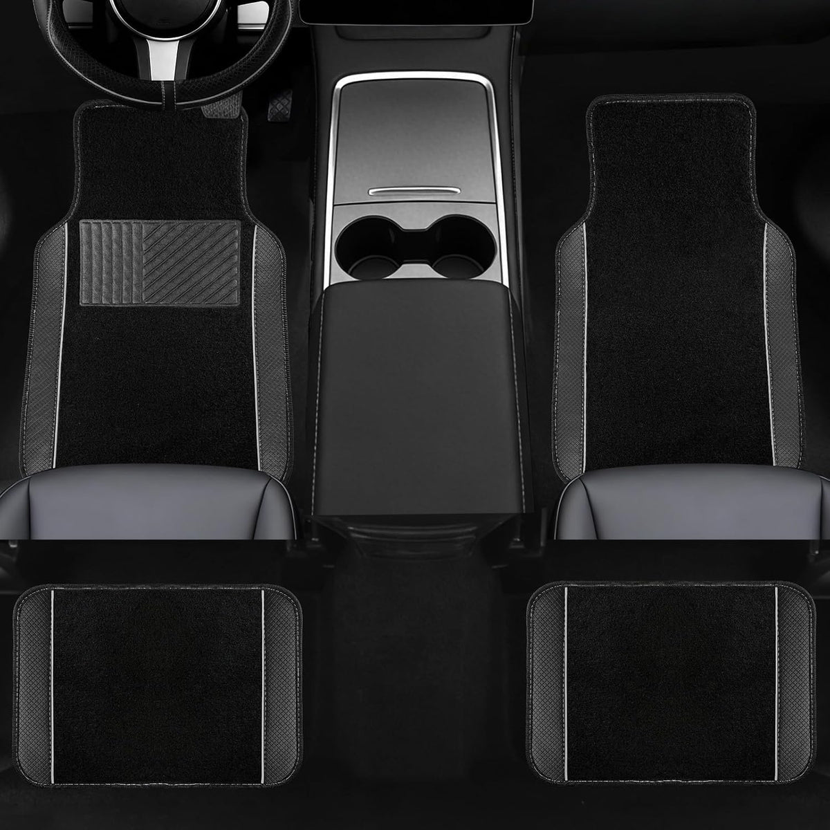 NBTEPEM Waterproof Universal Fit Car Floor Mats, Faux Leather Sporty Car Carpet Mats with Anti-Slip Nibbs Backing & Driver Heel Pad Fit for SUV, Vans, Sedans, Trucks, Set of 4 (Black with Grey line)