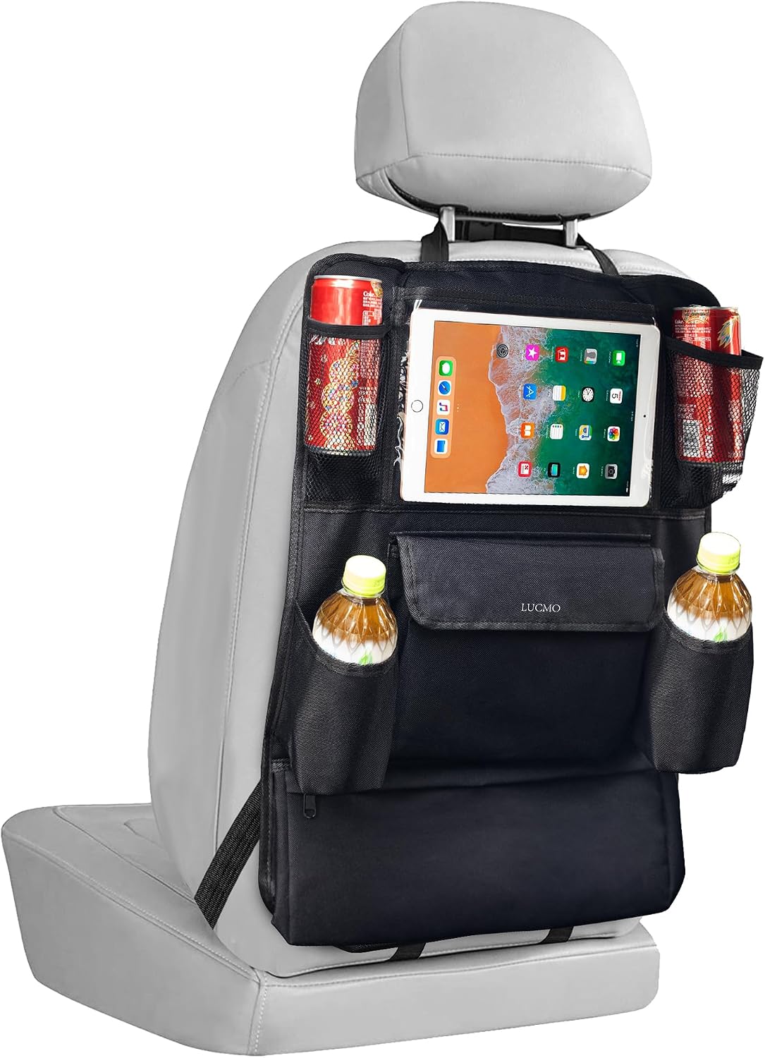 LUCMO Car Backseat Organizer with Touch Screen Tablet Holder, Black | 9 Storage Pockets,Clear Tablet Holder,Protectors Kick Mats,Travel Accessories,Seat Cover,Road Trip Essentials