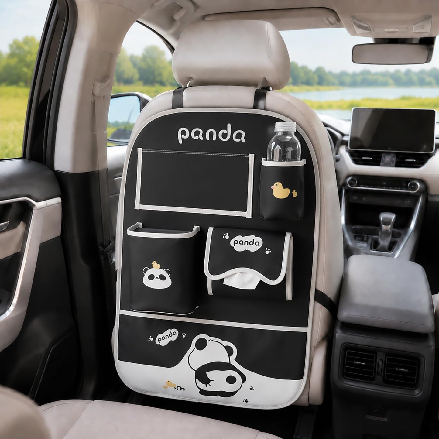 YUNZLAN Cute Panda Leather Car Backseat Organizer 1 Pack Car Seat Back Protectors with Clear 10" Tablet Holder + 4 Storage Pockets