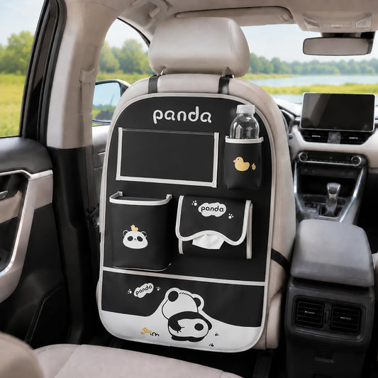 YUNZLAN Cute Panda Leather Car Backseat Organizer 1 Pack Car Seat Back Protectors with Clear 10" Tablet Holder + 4 Storage Pockets