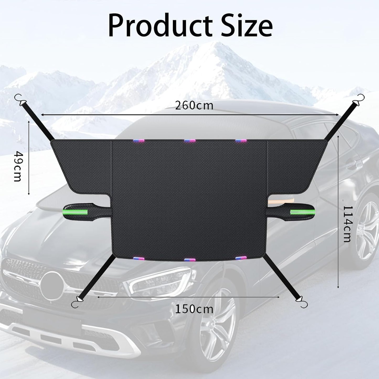 Windshield Cover for Ice and Snow, Winter Summer Sunshade with Thickened 600D Oxford Fabric, Universal Car Frost Shield Snow Cover Windshield Protector Green Earmuffs with Four Straps