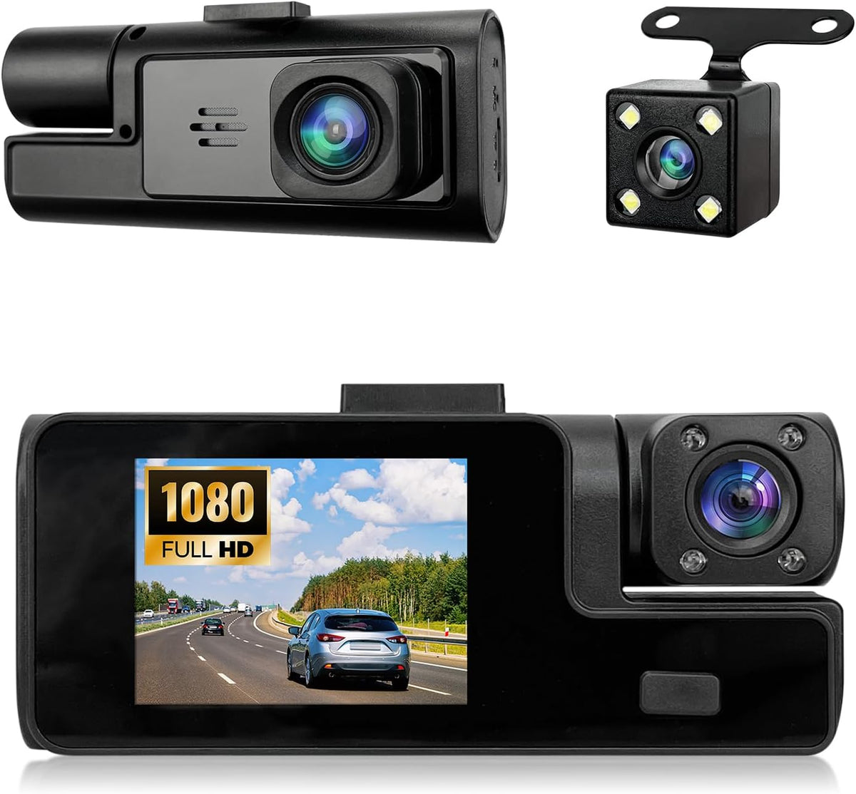 1080P 3 Channel Dash Cam Front and Rear Cabin Recording, 2.0" IPS Screen Camara para Carro, G-Sensor, Night Vision Loop Recording, Motion Detection, Heatproof, Electronics Max 64GB Support