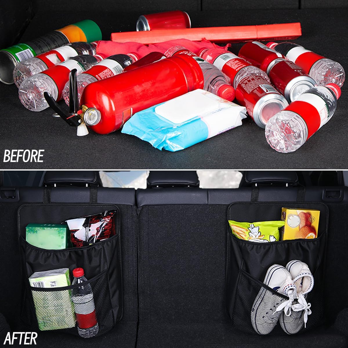 HZEL Car Trunk Organizer, Vehicle Backseat Hanging Storage Bag with Netting Pouch, Multifunctional Automotive Interior Seat Back Box Accessories, Universal for SUV, Sedan, Truck