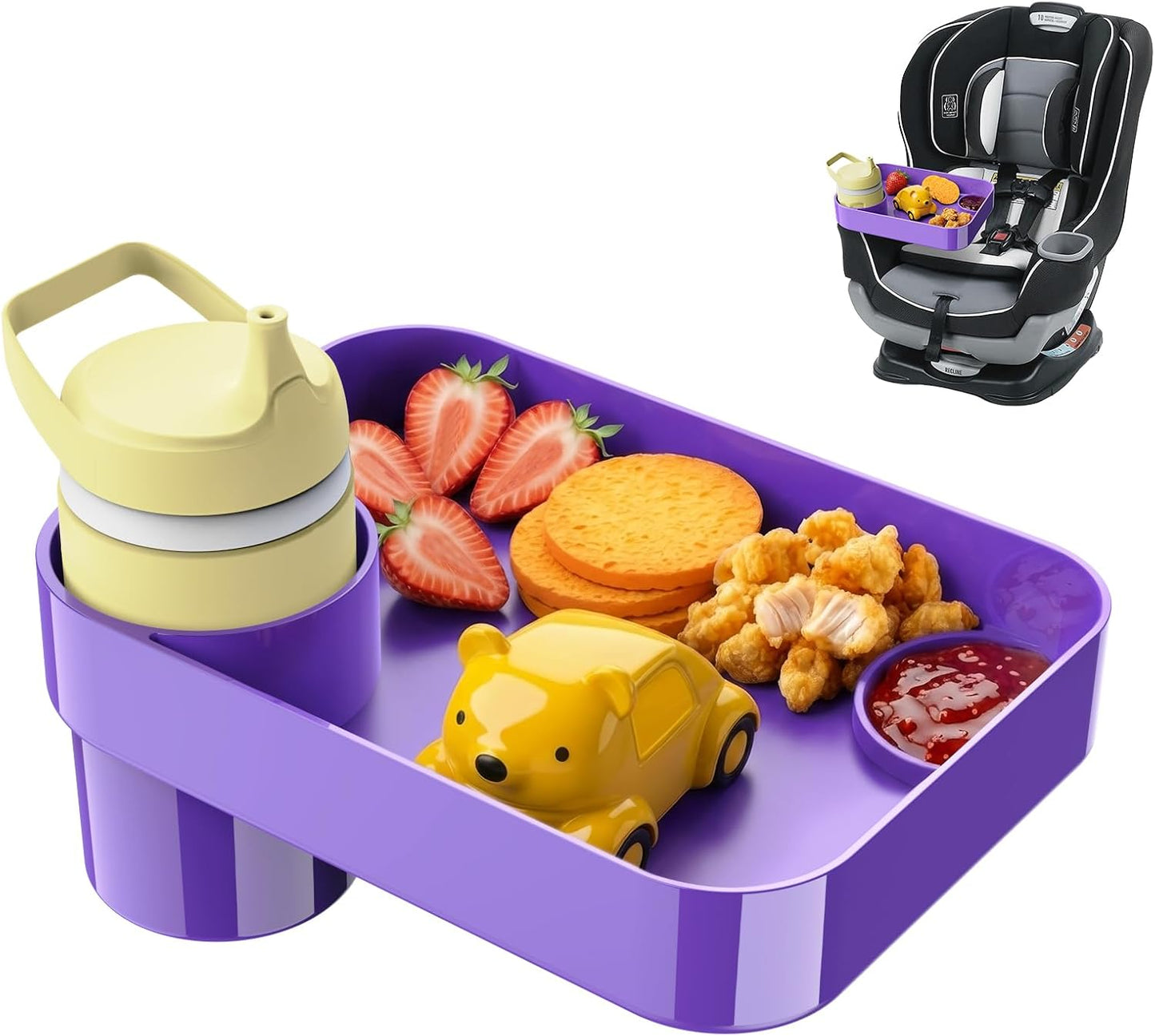 Car Seat Snack Tray for Toddlers - 3 Inch Cup Holder Fits Most Sippy Cups & Straw Bottles with Dip Well, Mess-Free Square Kids Travel Tray Road Trip Essentials, Pink