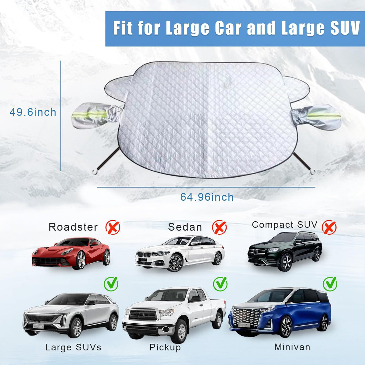 Car Windshield Snow Ice Cover with Side Mirror and Hook,Magnetic Windshield Cover for Ice and Snow,Car Windshield Sun Shade Foldable,Fit for Large SUV/Pickup/Truck/MPV(Silver-65 x49)