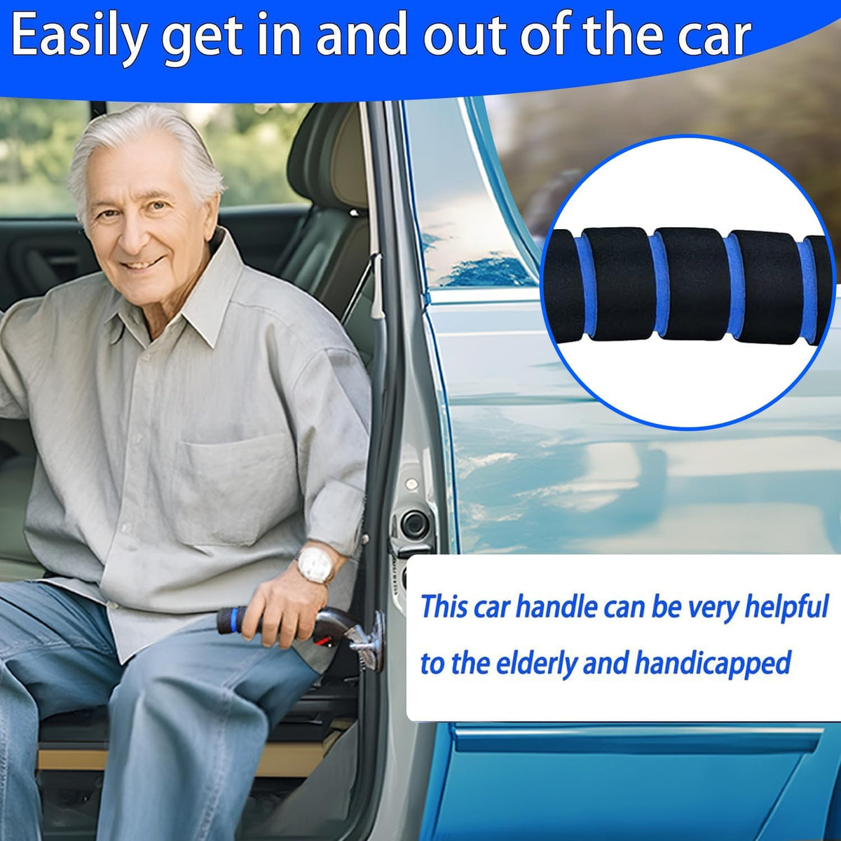 KOUNATSURI Car Handle Assist for Elderly - Car Door Handle for Elderly & Seniors & Handicap - Multifunction Car Armrest Portable Bar（2Pack Blue and Strap）