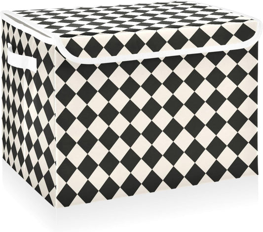 CaTaKu Large Fabric Storage Bins With Lids,Black and White Checkered Storage Boxes With Handles for Organizing Clothes, Collapsible Storage Cube Bins Baskets for Shelves