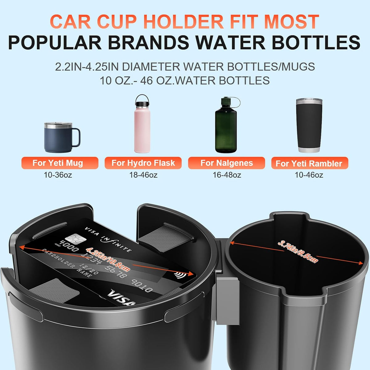 2-in-1 Car Cup Holder Expander, Upgraded Cup Adapter for Car with Offset Option,Phone Holder - Adjustable Base,Versatile Car Accessories Fits Yeti,Hydroflask & Large Water Bottles in 2.2"-4.2" (Black)