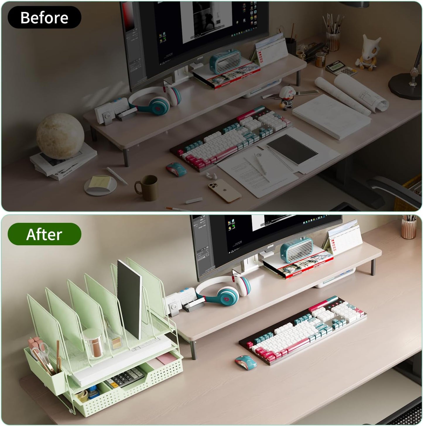 LEKETREE Green Desk Organizer, Office Organization with Vertical File Holder, File Organizer with Drawer and Pen Holder, Desk Accessories and Workspace Organizers for Home Office (Green)