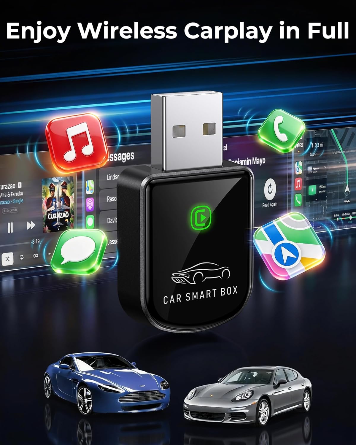 Wireless Carplay Adapter for iPhone Latest Upgrade, Tiny Bluetooth Receiver Convert Wired to Wireless for Apple Car Play Plug & Play, Zero-Lag Media GPS Works with 2016+ Cars (Ebony Black)