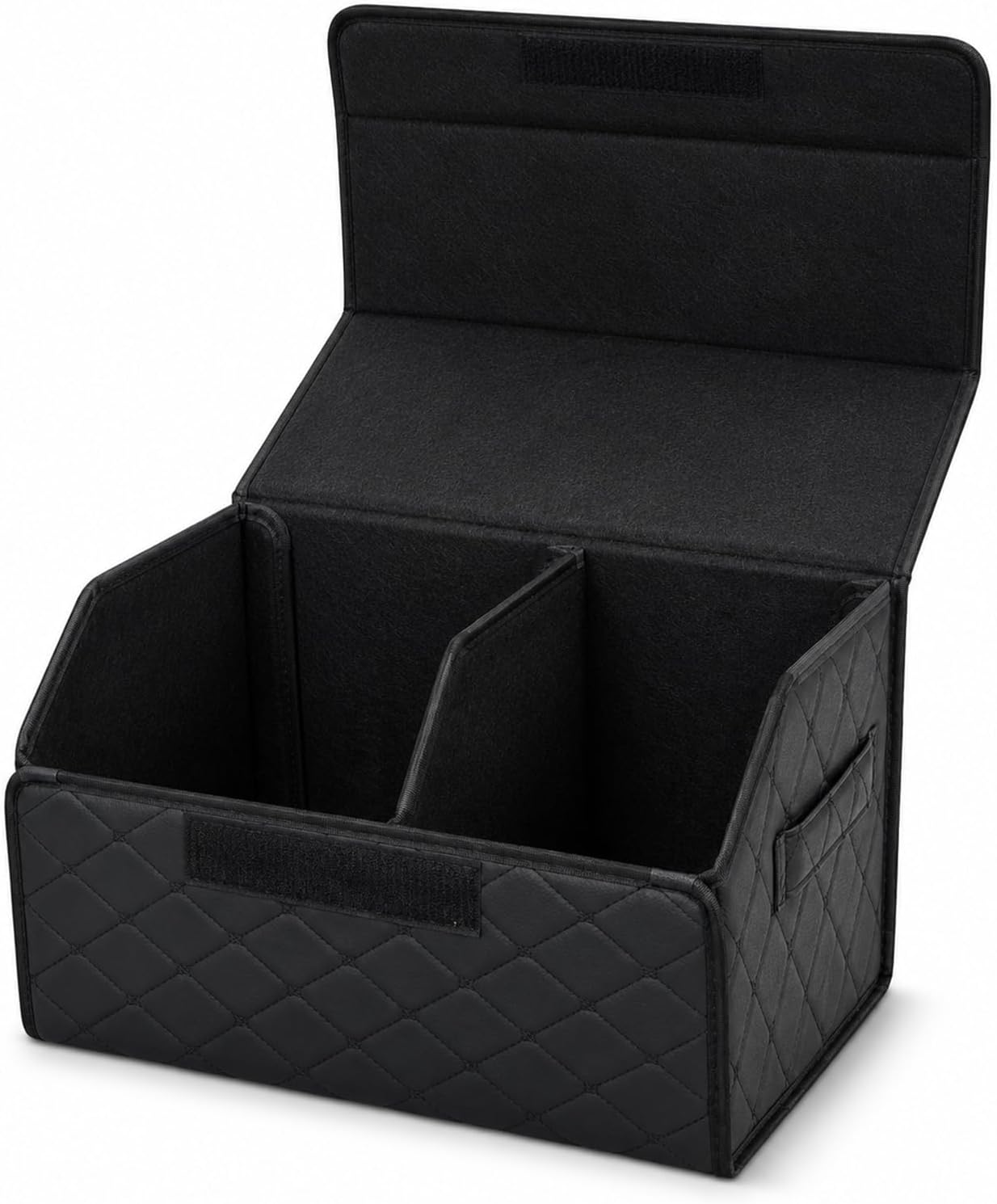2Pack Leather Trunk Organizer for SUV & Sedans - Extra Large Foldable Car Storage Box with Lid, Adjustable Removable Dividers and Carry Handle, Collapsible Auto Cargo Organizer Black