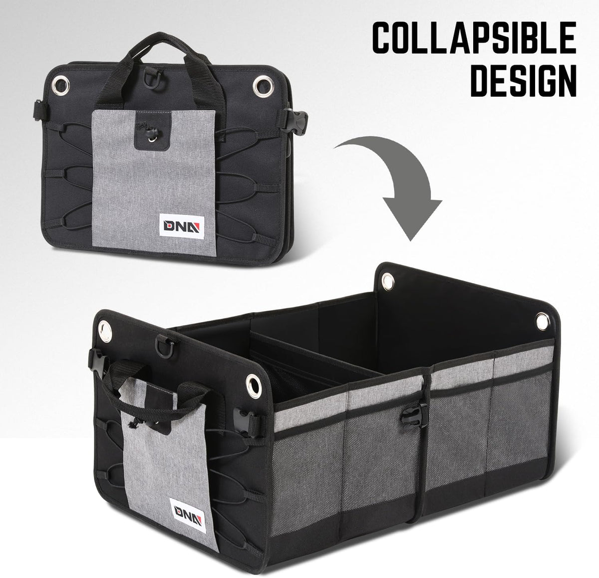 DNA Motoring Trunk Organizer for Car, 70L Large Capacity Foldable Trunk Organizer, Multi Compartment Car Trunk Organizer for Women Men, Grey, TOOLS-00420