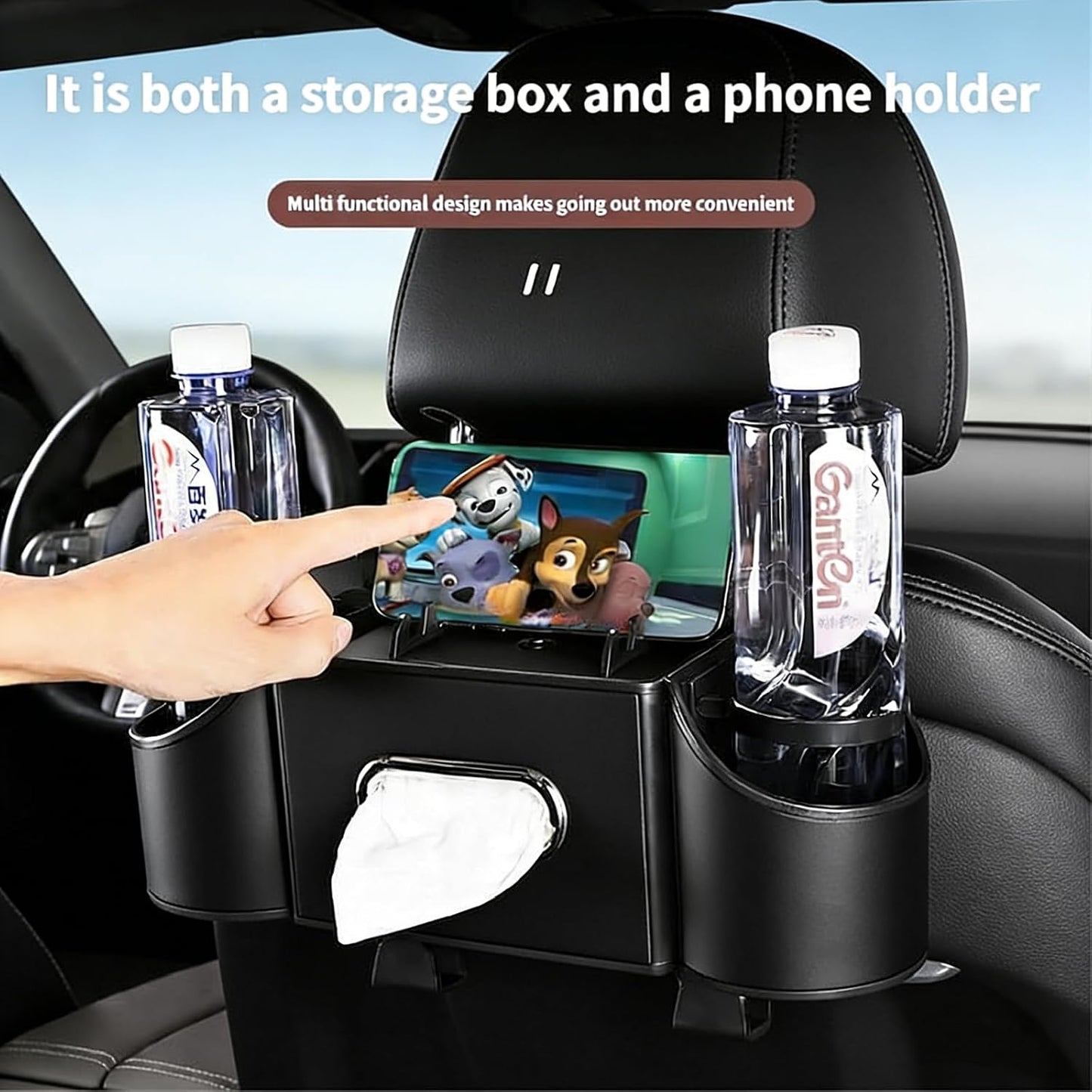 Backseat Car Organizer, 4-in-1 Car Organizer Back Seat with Cup Holder & Tissue Box, Multi-Pocket Car Back Seat Organizer for Phone, Drinks, Travel & Daily Use (Black)