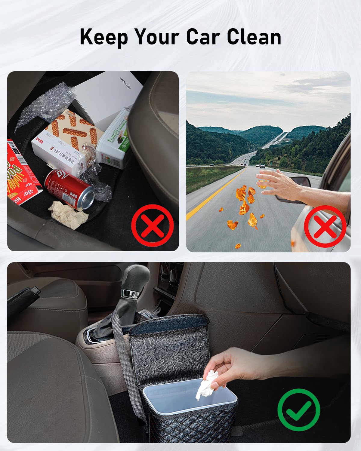 BELINOUS Leather Car Trash Can with Matching Tissue Holder | Waterproof and Leakproof, Mini Car Trash Can with Lid, Adjustable Strap, Small Garbage Bin